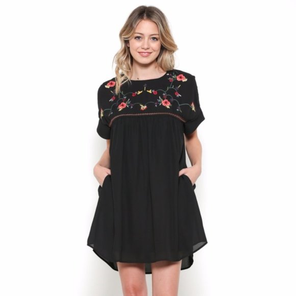 ESLEY Babydoll Dress Floral Embroidery Blue Black - Picture 7 of 9